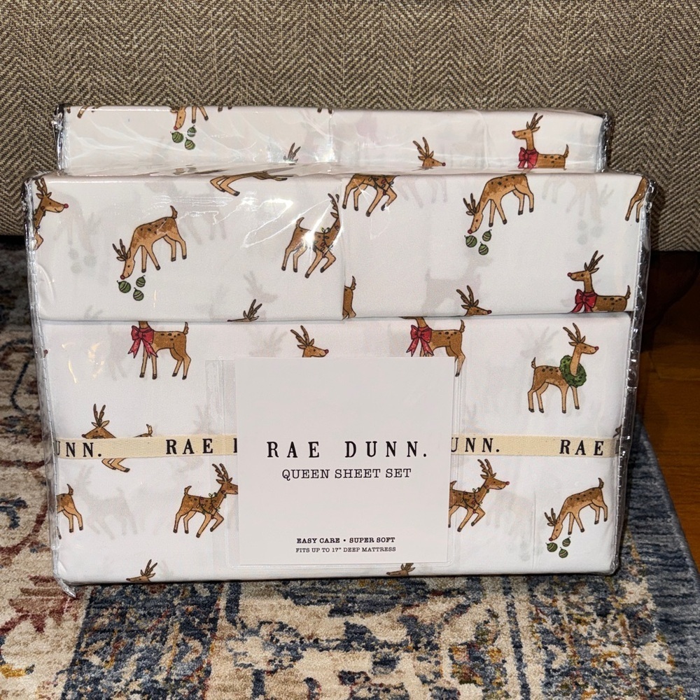 NWT Rae Dunn Christmas Seasonal QUEEN Sheet Set Reindeer 2025